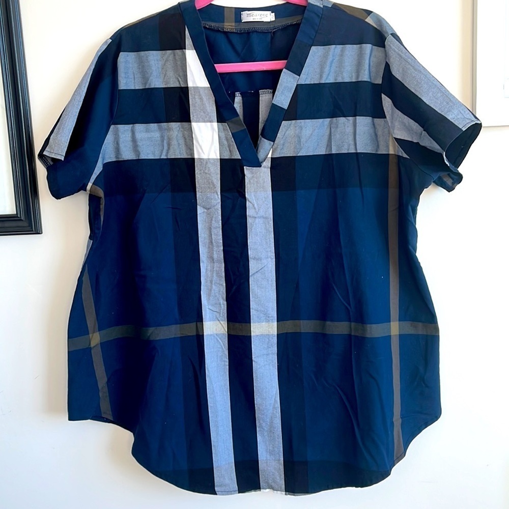 NAVY BLUE PLAID V NECK WOMEN BLOUSE SIZE 3XL